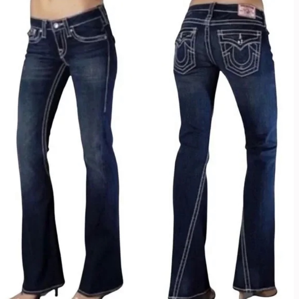 True Religion Dark Indigo Bootcut Flare Jeans with White Contrast Stitching